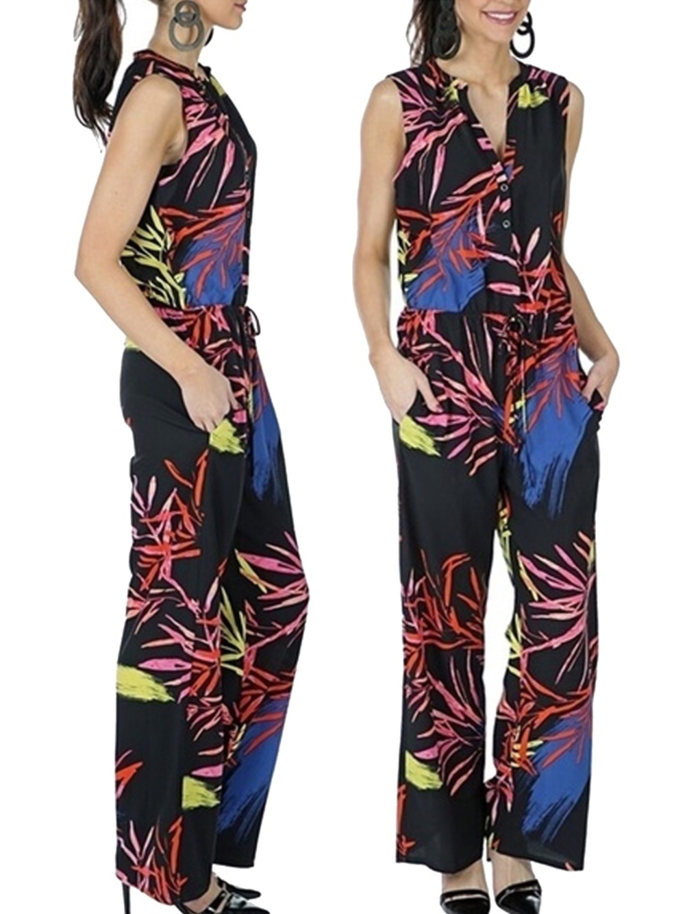 N Natori Crepe Jumpsuit Romper Playsuit Bold Fern Print Button Front S-M-L